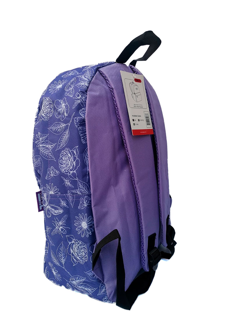 Mochila escolar color morado / decoración de flores